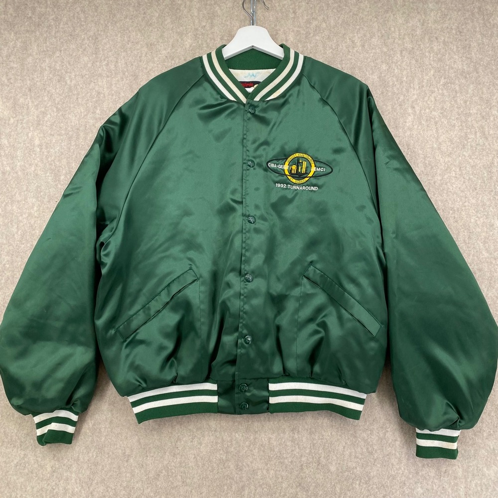 Vintage Satin Varsity Jacket Green 1992 Ciba Geigy USA XL